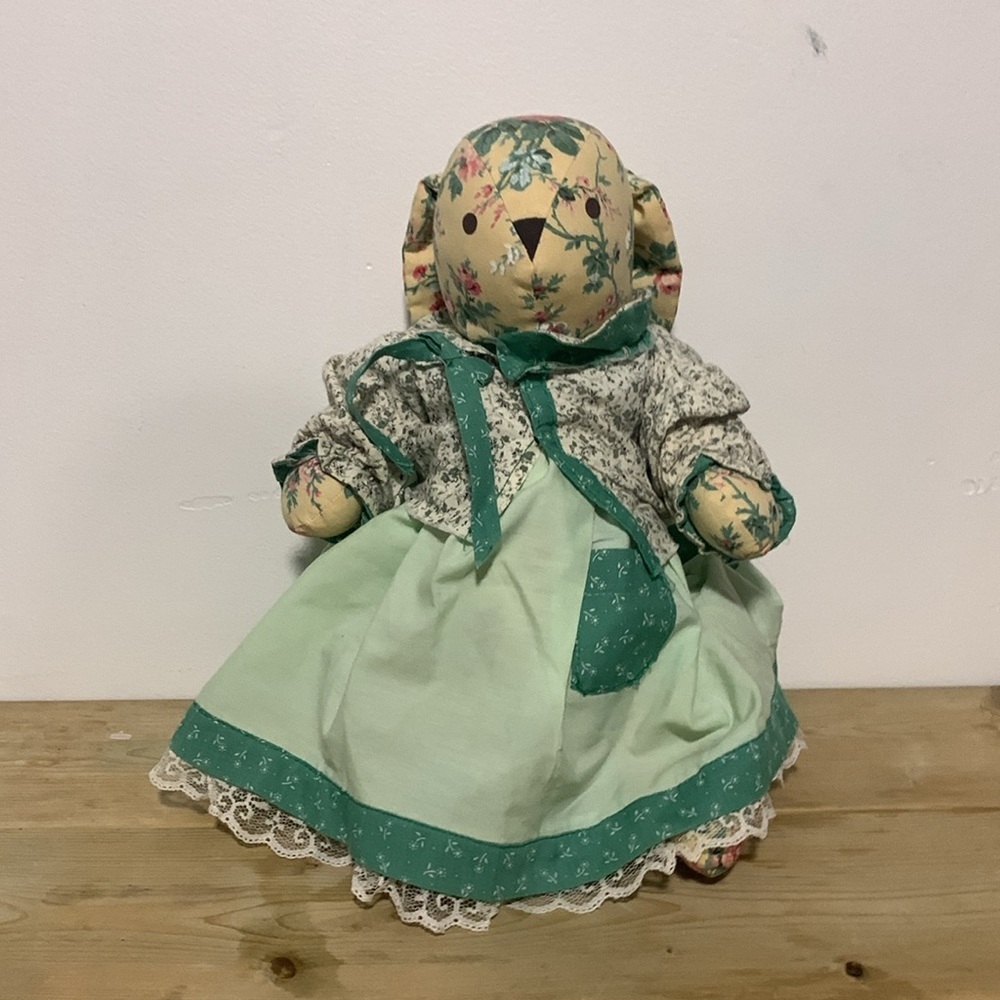 Homemade Vintage Bunny Plush Doll Wearing A Green Dress
